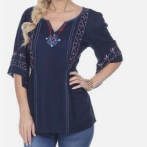 Krista Lee Sitka Embroidered Navy Top, Bell Sleeve, Lightweight Blouse, Women L